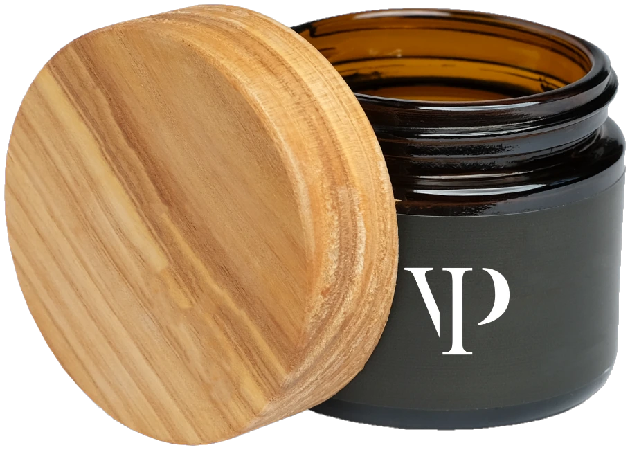 Pot de soin VIP Perfume Bar en verre ambré, couvercle en bois d’olivier ouvert