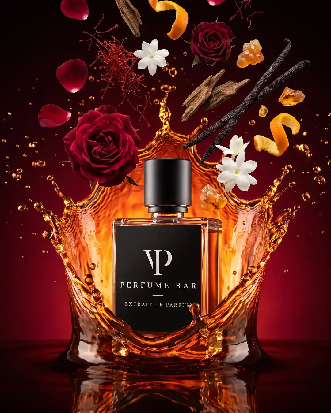 Extrait de parfum VIP Perfume Bar entouré de rose, safran, oud, vanille et jasmin